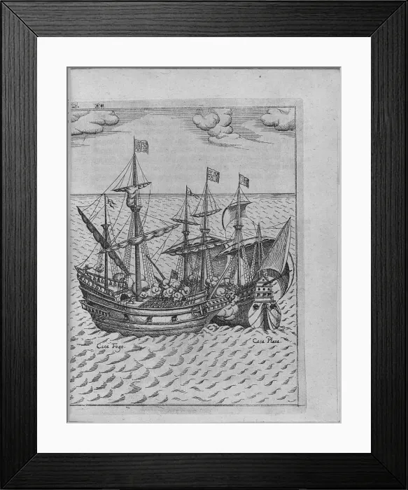 Framed Print : Battle between Francis Drakes ship Golden Hind and the Spanish ship Cacafuego. (From Levinus Hulsiu Artist: Anonymous Framed Print : Battle between Francis Drakes ship Golden Hind and the Spanish ship Cacafuego. (From Levinus Hulsiu Artist: Anonymous