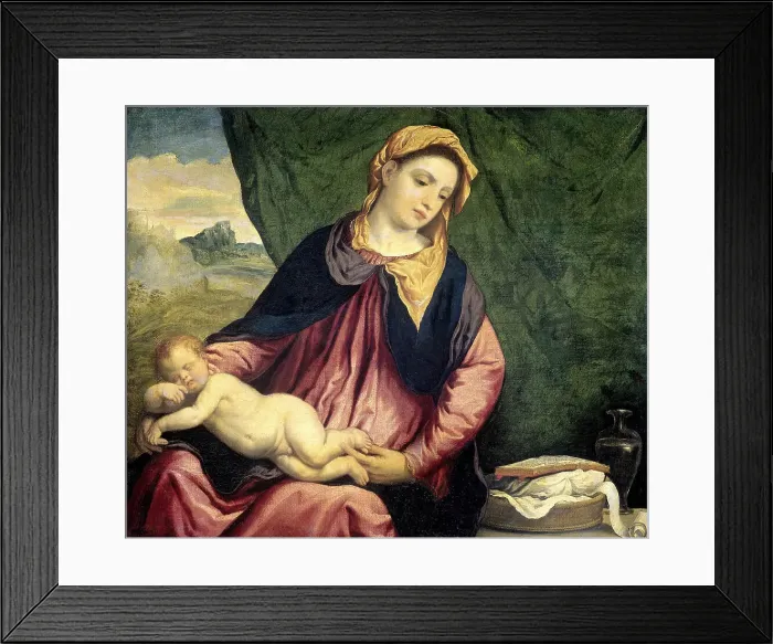 Framed Print : Madonna with Sleeping Child, Between 1540 and 1560. Artist: Bordone, Paris (1500-1571) Framed Print : Madonna with Sleeping Child, Between 1540 and 1560. Artist: Bordone, Paris (1500-1571)