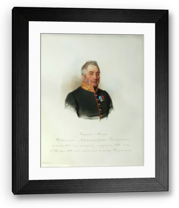 Framed Print : Portrait of General Nikolai Alexandrovich Sablukov (1776-1848) (From the Album of the Imperial Horse Guards), 1846-1849. Artist: Hau (Gau), Vladimir Ivanovich (1816-1895) Framed Print : Portrait of General Nikolai Alexandrovich Sablukov (1776-1848) (From the Album of the Imperial Horse Guards), 1846-1849. Artist: Hau (Gau), Vladimir Ivanovich (1816-1895)