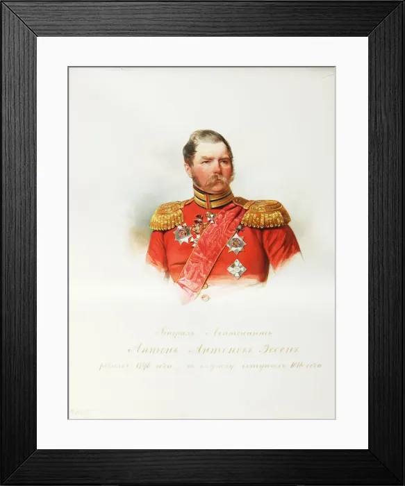 Framed Print : Portrait of General Anton Antonovich von Essen (1797-1863) (From the Album of the Imperial Horse Guards), 1846-1849. Artist: Hau (Gau), Vladimir Ivanovich (1816-1895) Framed Print : Portrait of General Anton Antonovich von Essen (1797-1863) (From the Album of the Imperial Horse Guards), 1846-1849. Artist: Hau (Gau), Vladimir Ivanovich (1816-1895)