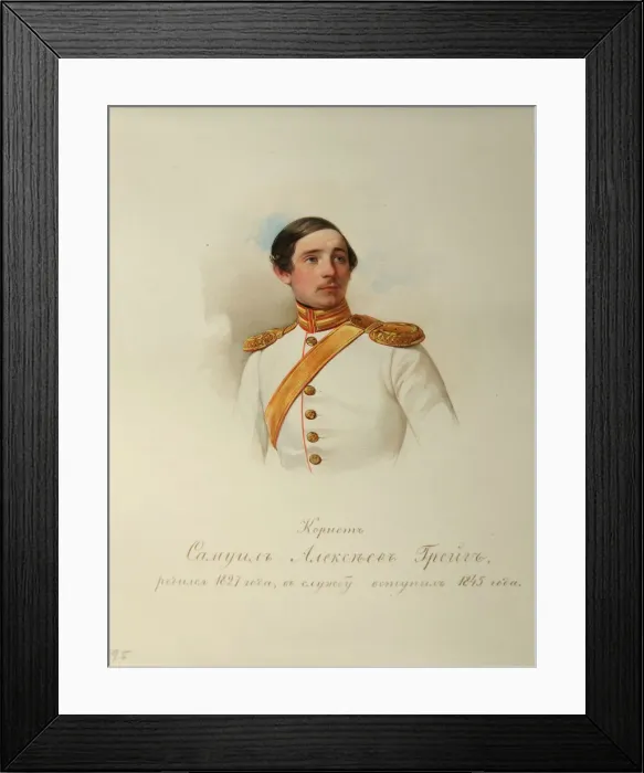 Framed Print : Portrait of Samuil Alexeyevich Greig (1827?1887) (From the Album of the Imperial Horse Guards), 1846-1849. Artist: Hau (Gau), Vladimir Ivanovich (1816-1895) Framed Print : Portrait of Samuil Alexeyevich Greig (1827?1887) (From the Album of the Imperial Horse Guards), 1846-1849. Artist: Hau (Gau), Vladimir Ivanovich (1816-1895)