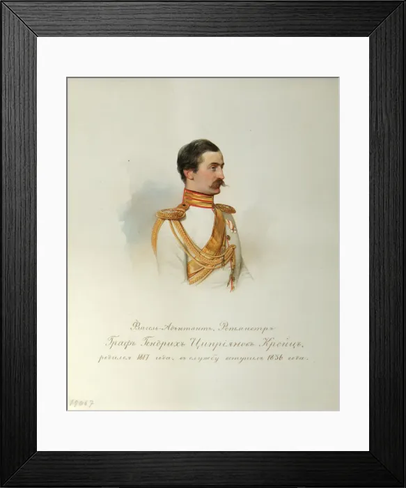 Framed Print : Portrait of Count Heinrich Cyprianovich von Kreutz (From the Album of the Imperial Horse Guards), 1846-1849. Artist: Hau (Gau), Vladimir Ivanovich (1816-1895) Framed Print : Portrait of Count Heinrich Cyprianovich von Kreutz (From the Album of the Imperial Horse Guards), 1846-1849. Artist: Hau (Gau), Vladimir Ivanovich (1816-1895)