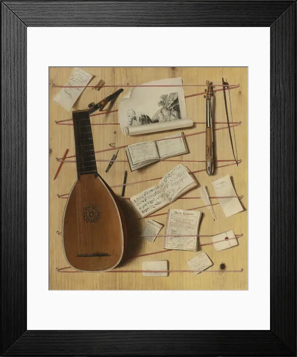 Framed Print : Trompe l oeil still life with a lute, rebec and music sheets. Artist: Gijsbrechts, Cornelis Norbertus (before 1657-after 1675)