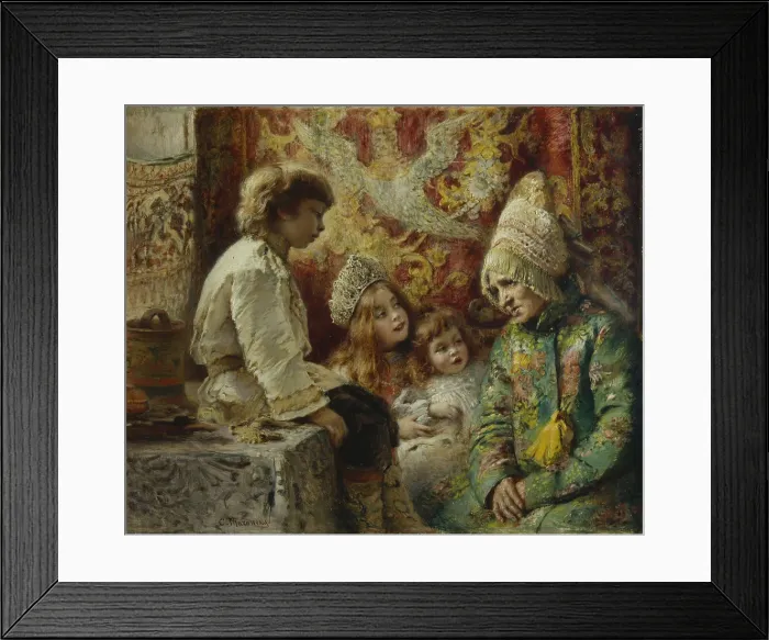 Framed Print : Grandma with Kids (Grandmothers Fairy Tale), 1882. Artist: Makovsky, Konstantin Yegorovich (1839-1915) Framed Print : Grandma with Kids (Grandmothers Fairy Tale), 1882. Artist: Makovsky, Konstantin Yegorovich (1839-1915)