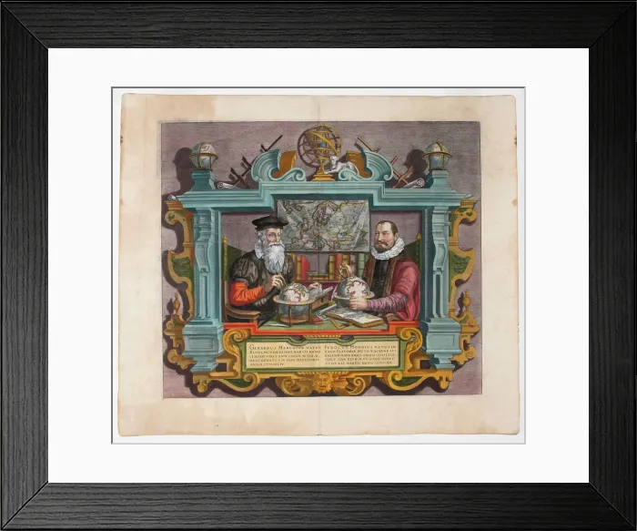 Framed Print : Double Portrait of Gerardus Mercator (1512-1594) and Jodocus Hondius (1563-1612). Artist: Hondius (Keer van der), Coletta (active Early 17th cen. ) Framed Print : Double Portrait of Gerardus Mercator (1512-1594) and Jodocus Hondius (1563-1612). Artist: Hondius (Keer van der), Coletta (active Early 17th cen. )