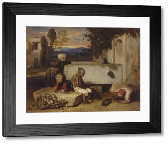 Framed Print : Turkish children playing with a turtle (Souvenir de la Turquie d Asie). Artist: Decamps, Alexandre Gabriel (1803-1860) Framed Print : Turkish children playing with a turtle (Souvenir de la Turquie d Asie). Artist: Decamps, Alexandre Gabriel (1803-1860)