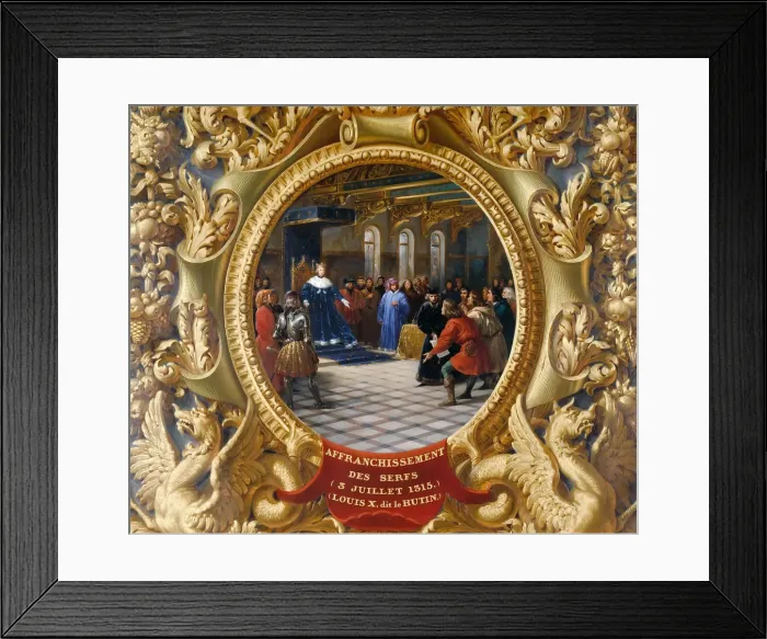 Framed Print : Louis X the Mischievous emancipates the serfs in 1315. Artist: Alaux, Jean (1786-1864) Framed Print : Louis X the Mischievous emancipates the serfs in 1315. Artist: Alaux, Jean (1786-1864)