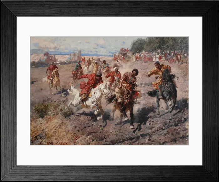 Framed Print : Cherkess Celebrating the end of Muharram with the Equestrian Sport of the Dash for the Prize Lamb, 1889. Artist: Roubaud, Franz (1856-1928) Framed Print : Cherkess Celebrating the end of Muharram with the Equestrian Sport of the Dash for the Prize Lamb, 1889. Artist: Roubaud, Franz (1856-1928)