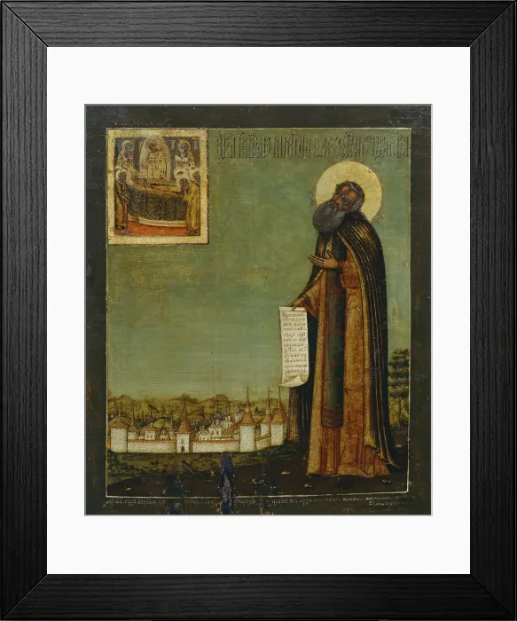 Framed Print : Saint Cyril of White Lake with View of the Kirillo-Belozersky Monastery, 18th century. Artist: Russian icon Framed Print : Saint Cyril of White Lake with View of the Kirillo-Belozersky Monastery, 18th century. Artist: Russian icon