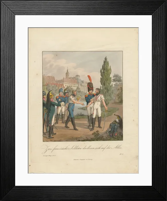 Framed Print : Two French soldiers fighting a duel on an avenue. Artist: Geissler, Christian Gottfried Heinrich (1770-1844) Framed Print : Two French soldiers fighting a duel on an avenue. Artist: Geissler, Christian Gottfried Heinrich (1770-1844)