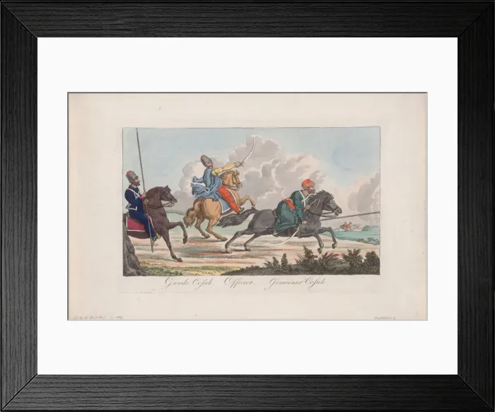 Framed Print : Life-Guards Cossack, Officer and Cossack. Artist: Geissler, Christian Gottfried Heinrich (1770-1844) Framed Print : Life-Guards Cossack, Officer and Cossack. Artist: Geissler, Christian Gottfried Heinrich (1770-1844)