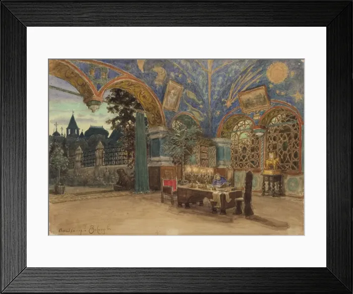 Framed Print : Dining room of Prince Vasily Golitsyn. Stage design for the opera Khovanshchina by M. Musorgsky, 1897. Artist: Vasnetsov, Appolinari Mikhaylovich (1856-1933) Framed Print : Dining room of Prince Vasily Golitsyn. Stage design for the opera Khovanshchina by M. Musorgsky, 1897. Artist: Vasnetsov, Appolinari Mikhaylovich (1856-1933)