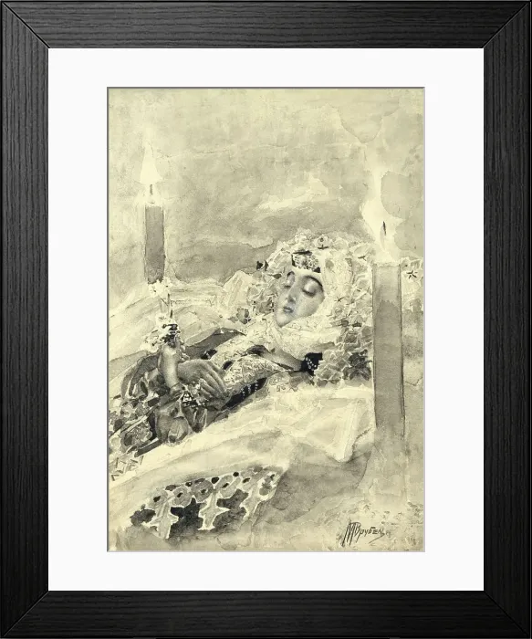 Framed Print : Tamara in the coffin. Illustration to the poem The Demon by Mikhail Lermontov, 1890-1891. Artist: Vrubel, Mikhail Alexandrovich (1856-1910) Framed Print : Tamara in the coffin. Illustration to the poem The Demon by Mikhail Lermontov, 1890-1891. Artist: Vrubel, Mikhail Alexandrovich (1856-1910)