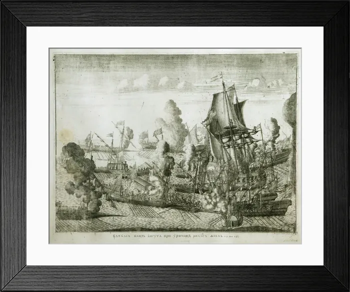 Framed Print : The naval Battle of Gangut on July 27, 1714, 1715. Artist: Zubov, Alexei Fyodorovich (1682-after 1750) Framed Print : The naval Battle of Gangut on July 27, 1714, 1715. Artist: Zubov, Alexei Fyodorovich (1682-after 1750)