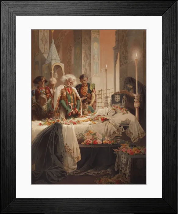 Framed Print : Tamara in the coffin. Illustration to the poem The Demon by Mikhail Lermontov, c. 1880. Artist: Zichy, Mihaly (1827-1906) Framed Print : Tamara in the coffin. Illustration to the poem The Demon by Mikhail Lermontov, c. 1880. Artist: Zichy, Mihaly (1827-1906)
