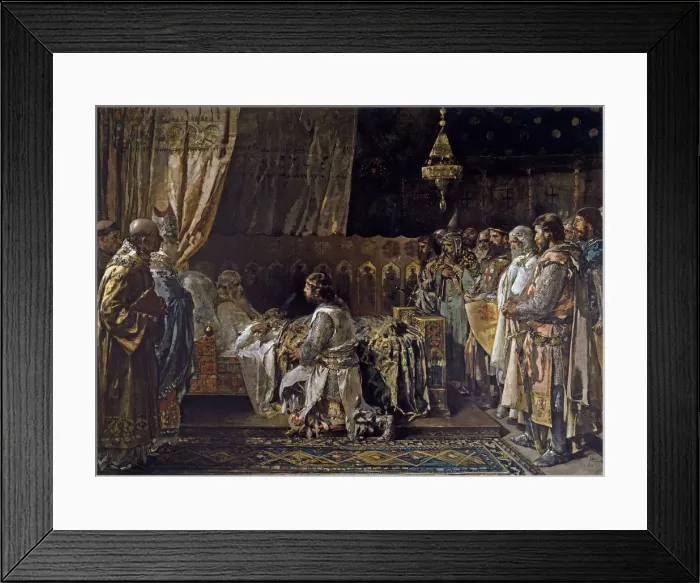 Framed Print : King James I the Conqueror Gives His Sword to His Son, Pedro, 1881. Artist: Pinazo Camarlench, Ignacio (1849-1916) Framed Print : King James I the Conqueror Gives His Sword to His Son, Pedro, 1881. Artist: Pinazo Camarlench, Ignacio (1849-1916)