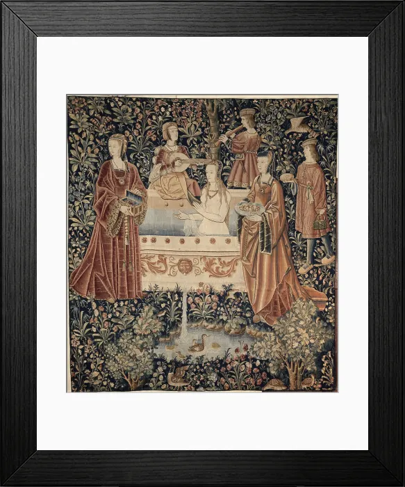 Framed Print : Woman Bathing surrounded by Attendants (Tapestry series La Vie Seigneuriale), c. 1500. Artist: Anonymous master Framed Print : Woman Bathing surrounded by Attendants (Tapestry series La Vie Seigneuriale), c. 1500. Artist: Anonymous master