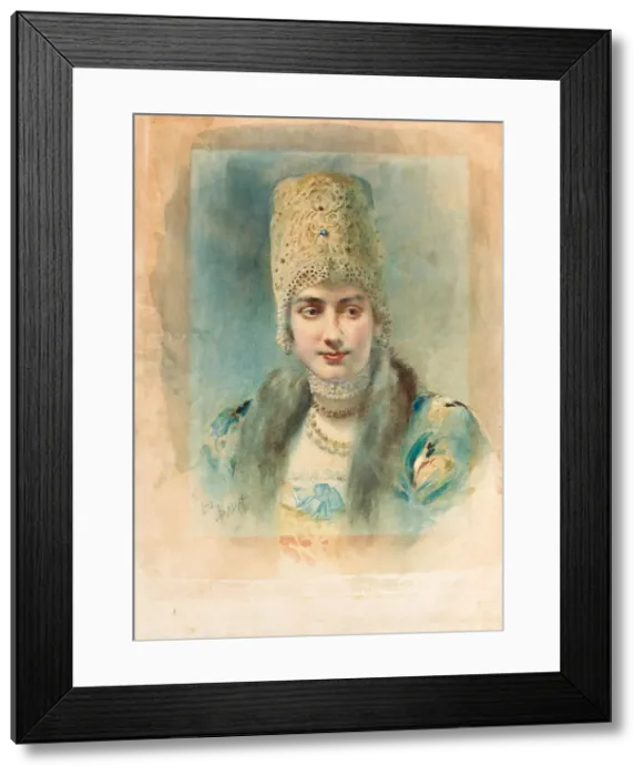 Framed Print : Portrait of a Girl Wearing a Kokoshnik, 1890. Artist: Bakst, Leon (1866-1924) Framed Print : Portrait of a Girl Wearing a Kokoshnik, 1890. Artist: Bakst, Leon (1866-1924)