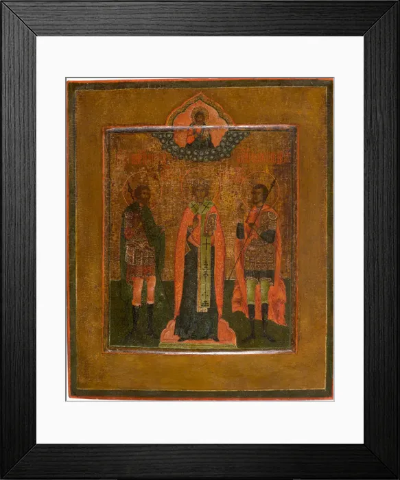 Framed Print : Saints Menas, Nikita of Novgorod and John the Warrior, First quarter of 19th century. Artist: Russian icon Framed Print : Saints Menas, Nikita of Novgorod and John the Warrior, First quarter of 19th century. Artist: Russian icon