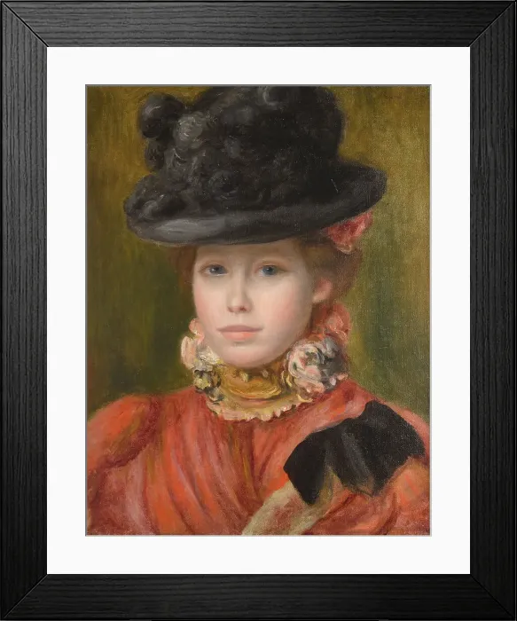 Framed Print : Girl in black hat with red flowers, c. 1890. Artist: Renoir, Pierre Auguste (1841-1919) Framed Print : Girl in black hat with red flowers, c. 1890. Artist: Renoir, Pierre Auguste (1841-1919)