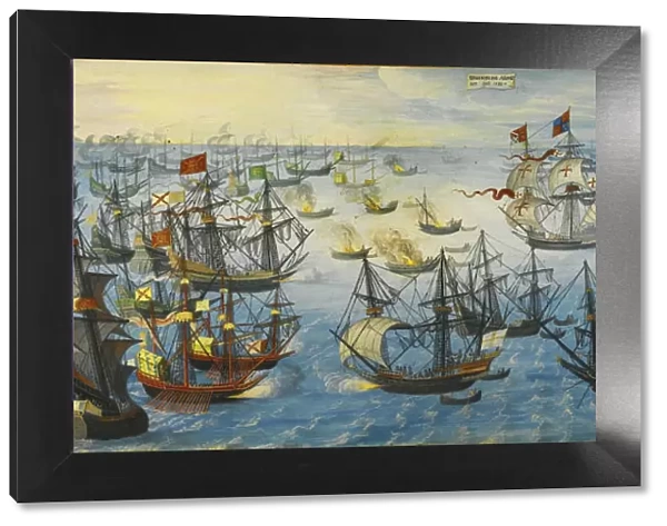 The Spanish Armada off the south coast of England, 1588. Artist: Monogrammist VHE (active ca 1600)