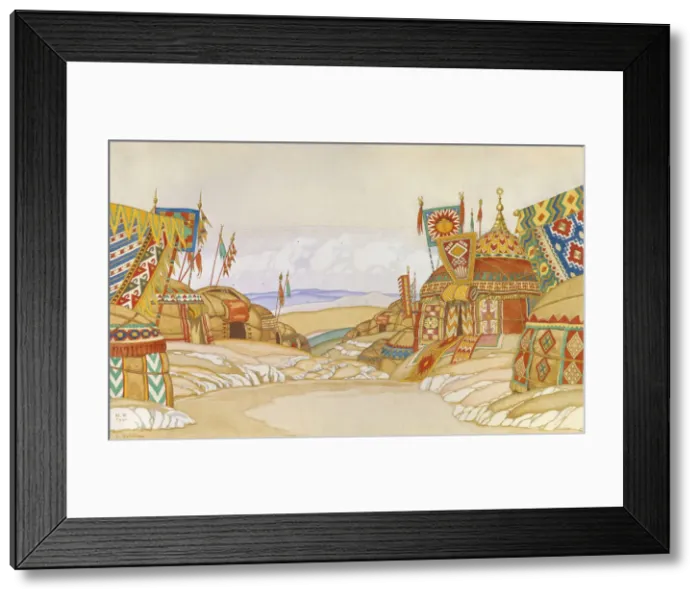 Framed Print : The Polovtsian camp. Stage design for the opera Prince Igor by A. Borodin, 1930. Artist: Bilibin, Ivan Yakovlevich (1876-1942) Framed Print : The Polovtsian camp. Stage design for the opera Prince Igor by A. Borodin, 1930. Artist: Bilibin, Ivan Yakovlevich (1876-1942)