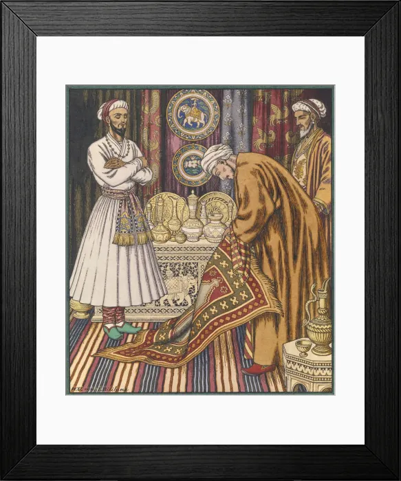 Framed Print : Prince Ali buying a carpet. Illustration for Arabian Fairy Tales. Artist: Bilibin, Ivan Yakovlevich (1876-1942) Framed Print : Prince Ali buying a carpet. Illustration for Arabian Fairy Tales. Artist: Bilibin, Ivan Yakovlevich (1876-1942)