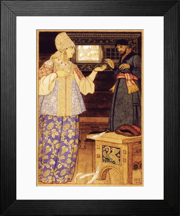 Framed Print : Archers Wife and Andrey the Archer, 1919. Artist: Bilibin, Ivan Yakovlevich (1876-1942) Framed Print : Archers Wife and Andrey the Archer, 1919. Artist: Bilibin, Ivan Yakovlevich (1876-1942)