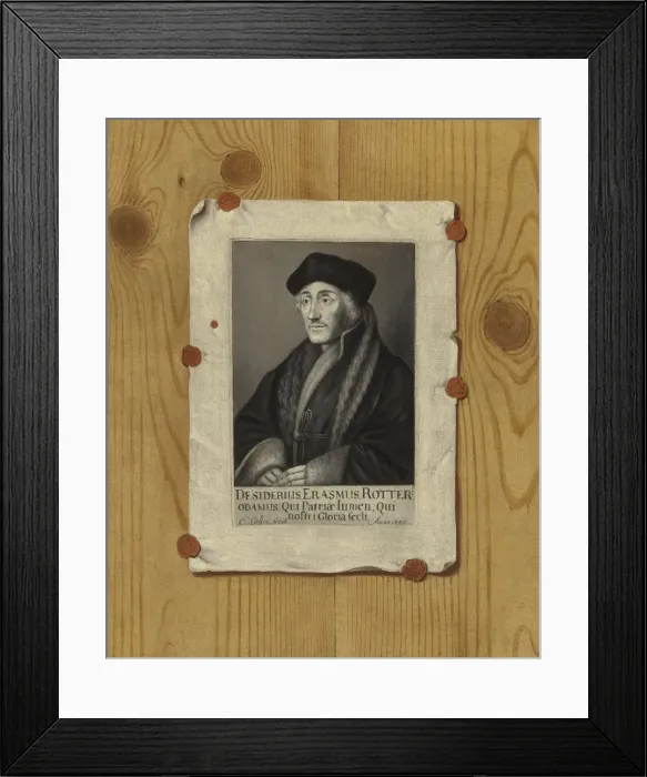 Framed Print : Trompe l oeil Still Life with an Engraving of Erasmus of Rotterdam, 1693. Artist: Collier, Edwaert (1642-1708) Framed Print : Trompe l oeil Still Life with an Engraving of Erasmus of Rotterdam, 1693. Artist: Collier, Edwaert (1642-1708)