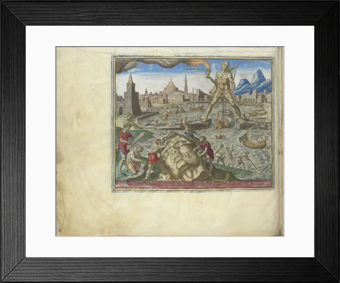 Framed Print : The Colossus of Rhodes (from the series The Eighth Wonders of the World), 1572. Artist: Galle, Philipp (Philips) (1537-1612) Framed Print : The Colossus of Rhodes (from the series The Eighth Wonders of the World), 1572. Artist: Galle, Philipp (Philips) (1537-1612)