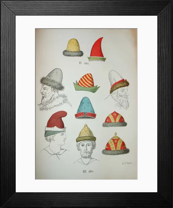 Framed Print : Russian headgear of the 15th and 16th centuries, 1850-1852. Artist: Snegirev, Ivan Mikhaylovich (1793-1868)