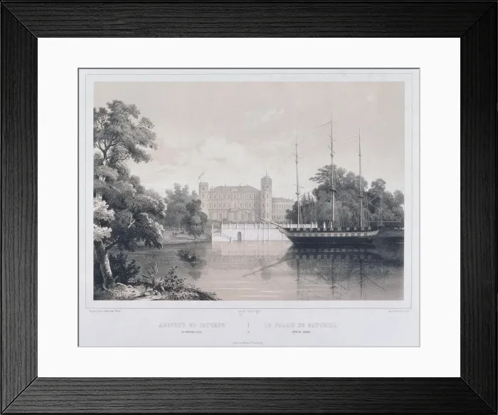 Framed Print : View of the Palace in Gatchina from the Lake, 1850s. Artist: Schulz, Carl (1823-1876) Framed Print : View of the Palace in Gatchina from the Lake, 1850s. Artist: Schulz, Carl (1823-1876)