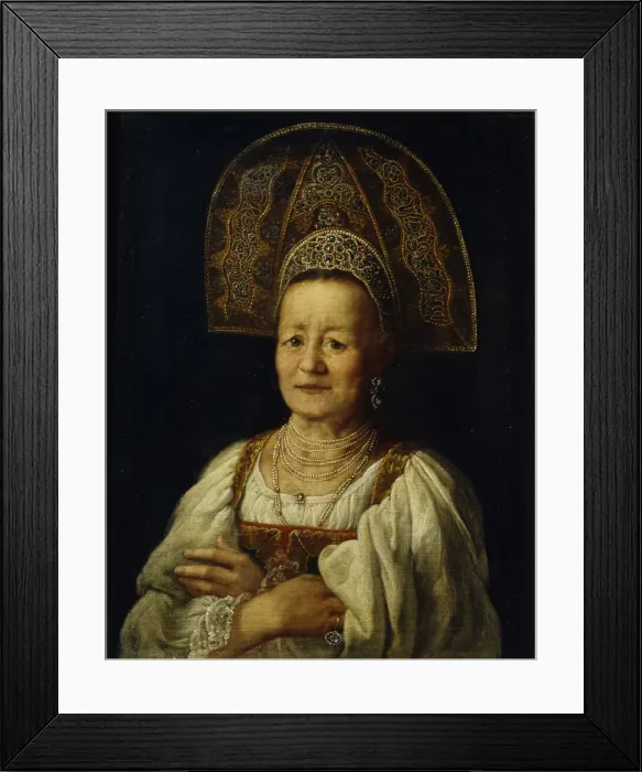 Framed Print : Portrait of a Merchant Woman in Kokoshnik, 1796. Artist: Drozhdin, Petro Semyonovich (1745-1805) Framed Print : Portrait of a Merchant Woman in Kokoshnik, 1796. Artist: Drozhdin, Petro Semyonovich (1745-1805)