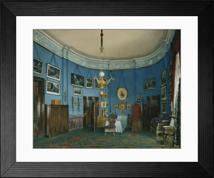 Framed Print : Interiors of the Winter Palace. The Bedroom of Crown Prince Nikolay Aleksandrovich, 1865. Artist: Hau, Eduard (1807-1887) Framed Print : Interiors of the Winter Palace. The Bedroom of Crown Prince Nikolay Aleksandrovich, 1865. Artist: Hau, Eduard (1807-1887)