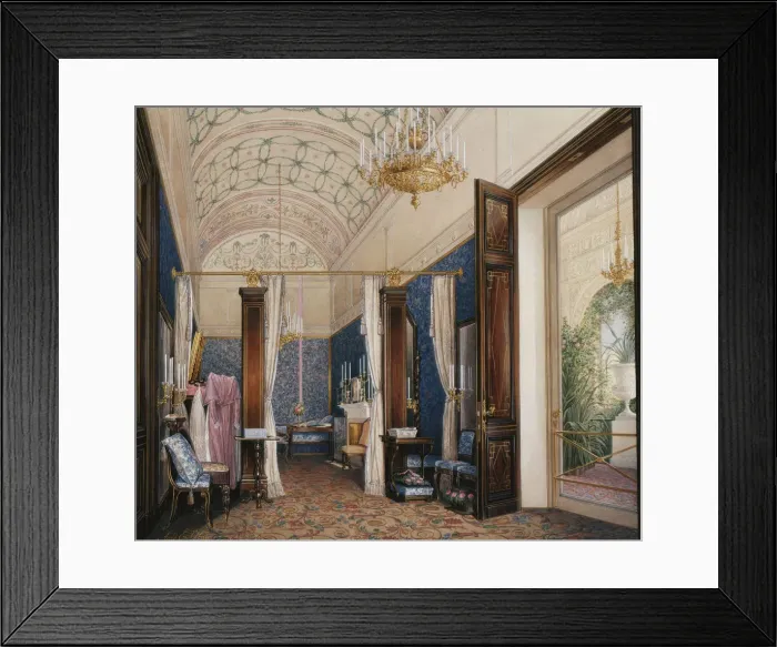 Framed Print : Interiors of the Winter Palace. The Dressing Room of Empress Alexandra Fyodorovna, 1871. Artist: Hau, Eduard (1807-1887) Framed Print : Interiors of the Winter Palace. The Dressing Room of Empress Alexandra Fyodorovna, 1871. Artist: Hau, Eduard (1807-1887)