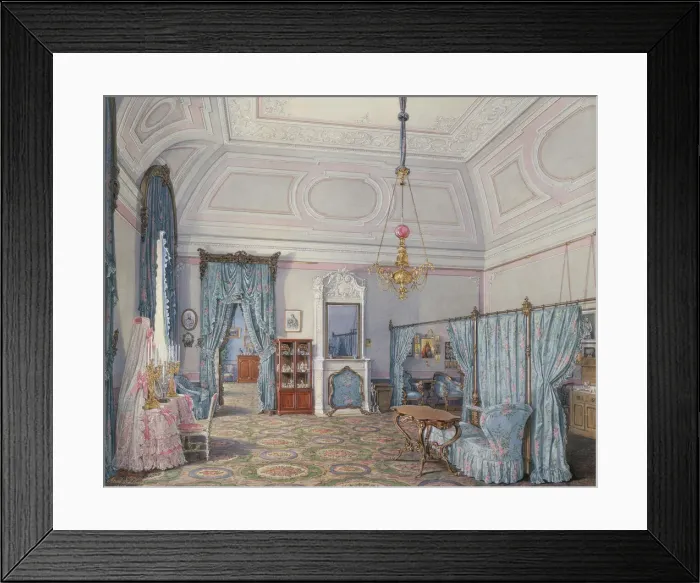 Framed Print : Interiors of the Winter Palace. The Fifth Reserved Apartment. The Bedroom of Grand Princess Maria Alexandrovna, 1873. Artist: Hau, Eduard (1807-1887) Framed Print : Interiors of the Winter Palace. The Fifth Reserved Apartment. The Bedroom of Grand Princess Maria Alexandrovna, 1873. Artist: Hau, Eduard (1807-1887)