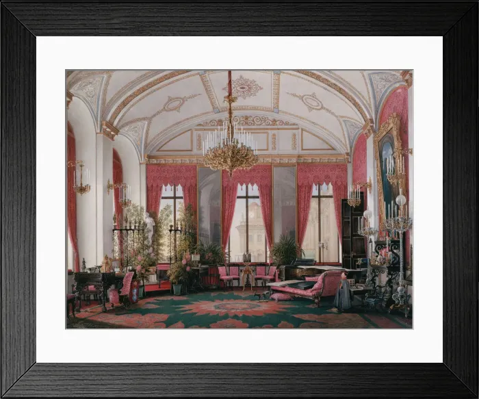Framed Print : Interiors of the Winter Palace. The Raspberry Study of Empress Maria Alexandrovna, 1860s. Artist: Hau, Eduard (1807-1887) Framed Print : Interiors of the Winter Palace. The Raspberry Study of Empress Maria Alexandrovna, 1860s. Artist: Hau, Eduard (1807-1887)