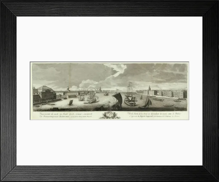 Framed Print : View of the Neva Downstream between the Winter Palace and the Academy of Sciences (Book to the 50th anniversary of St Petersburg, 1753. Artist: Kachalov, Grigory Anikeevich (1711-1759) Framed Print : View of the Neva Downstream between the Winter Palace and the Academy of Sciences (Book to the 50th anniversary of St Petersburg, 1753. Artist: Kachalov, Grigory Anikeevich (1711-1759)