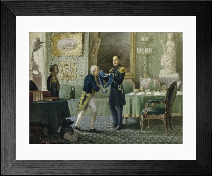 Framed Print : Emperor Nicholas I awards the blue riband of the Order of St. Andrew to Count Michail Speransky, 1880. Artist: Kivshenko, Alexei Danilovich (1851-1895) Framed Print : Emperor Nicholas I awards the blue riband of the Order of St. Andrew to Count Michail Speransky, 1880. Artist: Kivshenko, Alexei Danilovich (1851-1895)