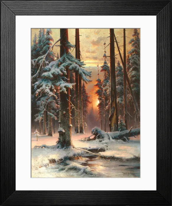 Framed Print : Winter Sunset in the Fir Forest, 1889. Artist: Klever, Juli Julievich (Julius), von (1850-1924) Framed Print : Winter Sunset in the Fir Forest, 1889. Artist: Klever, Juli Julievich (Julius), von (1850-1924)
