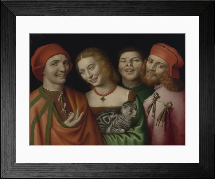 Framed Print : Three men with a woman holding a cat Framed Print : Three men with a woman holding a cat