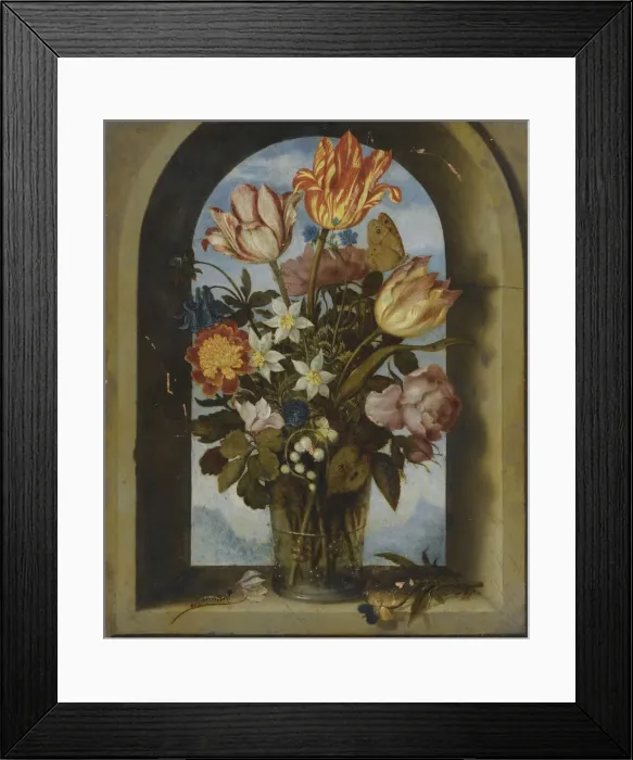 Framed Print : tulips, moss-roses, lily-of-the-valley and other flowers in a glass beaker set in an arched stone wi Framed Print : tulips, moss-roses, lily-of-the-valley and other flowers in a glass beaker set in an arched stone wi
