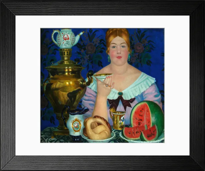 Framed Print : The Merchants Wife Drinking Tea, 1923. Artist: Kustodiev, Boris Michaylovich (1878-1927) Framed Print : The Merchants Wife Drinking Tea, 1923. Artist: Kustodiev, Boris Michaylovich (1878-1927)