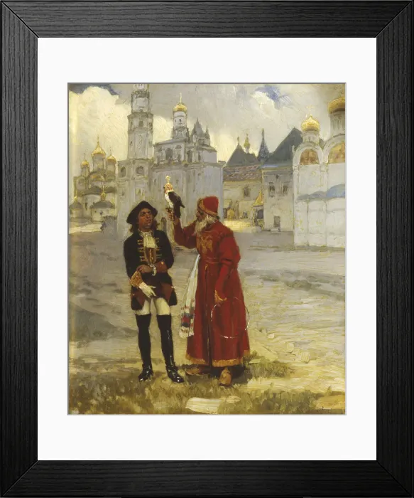 Framed Print : Young Peter I. and his falcon, 1900s. Artist: Lebedev, Klavdi Vasilyevich (1852-1916) Framed Print : Young Peter I. and his falcon, 1900s. Artist: Lebedev, Klavdi Vasilyevich (1852-1916)