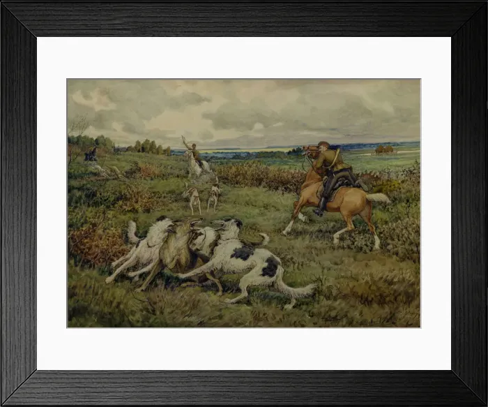 Framed Print : Hunting with Borzois, 1937. Artist: Lissner, Ernest Ernestovich (1874-1941) Framed Print : Hunting with Borzois, 1937. Artist: Lissner, Ernest Ernestovich (1874-1941)