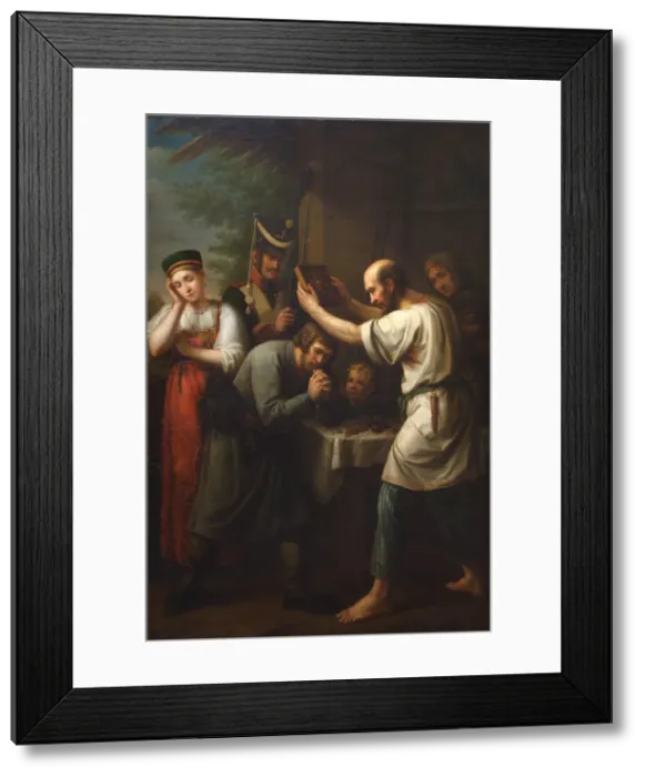 Framed Print : The Blessing of the Home Guardsman in 1812, 1812. Artist: Luchaninov, Ivan Vasilyevich (1781-1824) Framed Print : The Blessing of the Home Guardsman in 1812, 1812. Artist: Luchaninov, Ivan Vasilyevich (1781-1824)