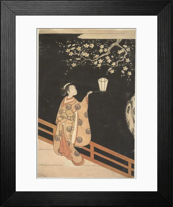 Framed Print : Woman Admiring Plum Blossoms at Night Framed Print : Woman Admiring Plum Blossoms at Night