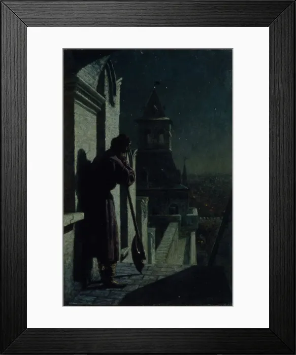 Framed Print : Strelets on the Moscow Kremlin tower at Moonlit Night, 1890s. Artist: Matveyev, Nikolai Sergeyevich (1855-1939) Framed Print : Strelets on the Moscow Kremlin tower at Moonlit Night, 1890s. Artist: Matveyev, Nikolai Sergeyevich (1855-1939)