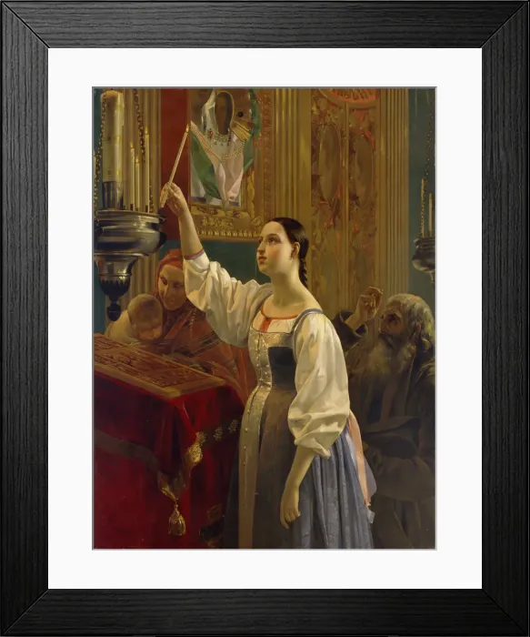 Framed Print : A girl placed a candle before the icon, 1842. Artist: Mikhaylov, Grigori Karpovich (1814-1867) Framed Print : A girl placed a candle before the icon, 1842. Artist: Mikhaylov, Grigori Karpovich (1814-1867)