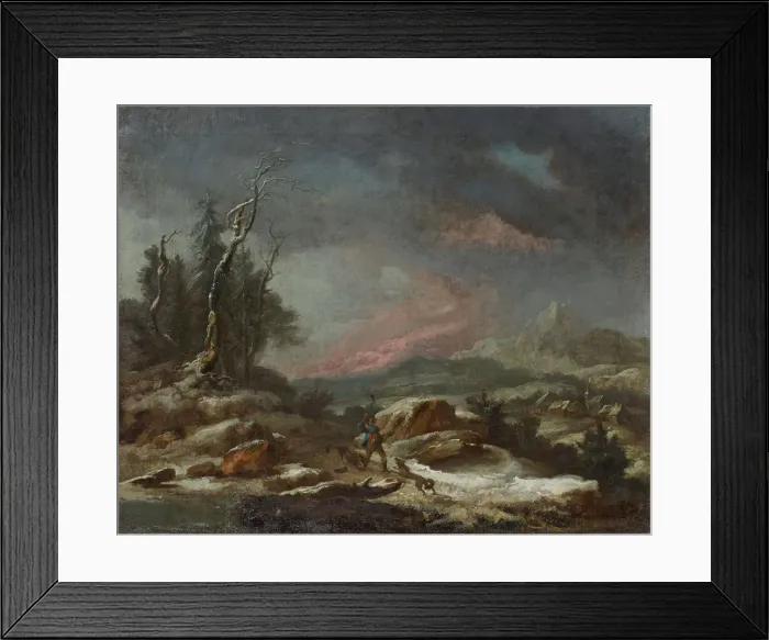Framed Print : Winter landscape with a walker in the fight against wolves, 1771 Framed Print : Winter landscape with a walker in the fight against wolves, 1771